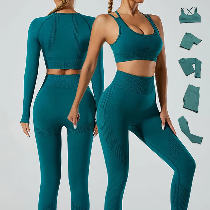 New Womens Activewear Workout 5 Piece Yoga Set Sport Fitness Wear Seamless Gym Set