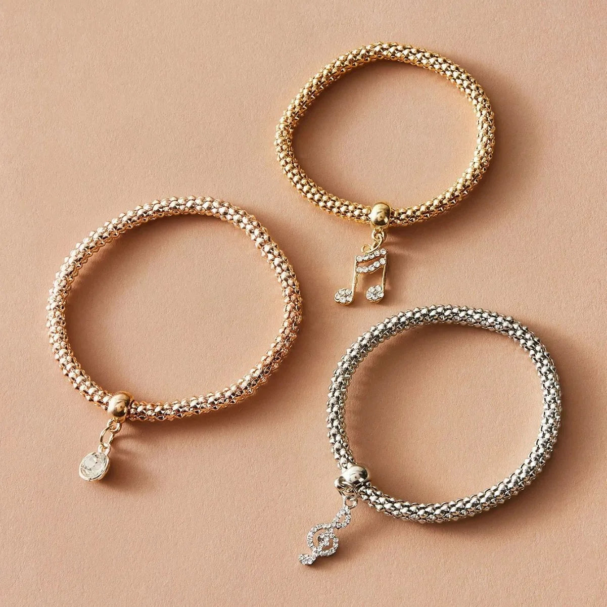 Hot-Selling 3-Piece Charm Bracelets Stainless Steel Geometric Corn Chain Rhinestone Design for Stylish Women
