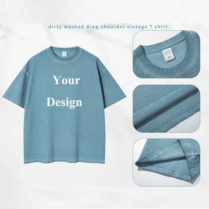 Unisex Vintage Indigo Wash Short Sleeve T-Shirt Lightly Soiled Summer Streetwear Skateboard Tee DIY Oversized Custom Logo Men's