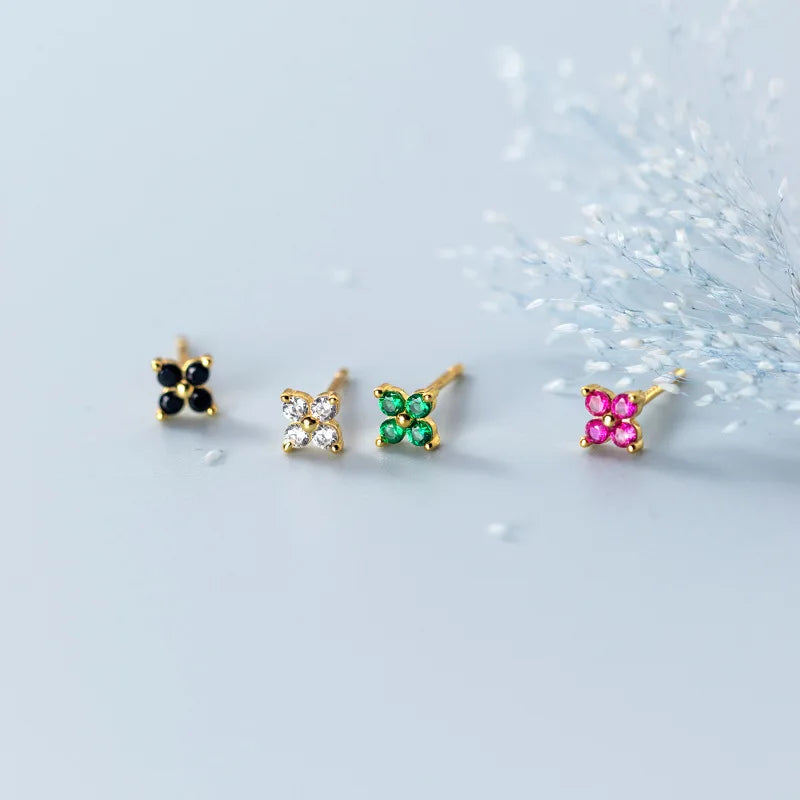 925 Sterling Silver Gold Plated Cubic Zircon Earings Four Leaf Clover Shape Mini Stud Earrings Fashion Jewelry for Women Girls