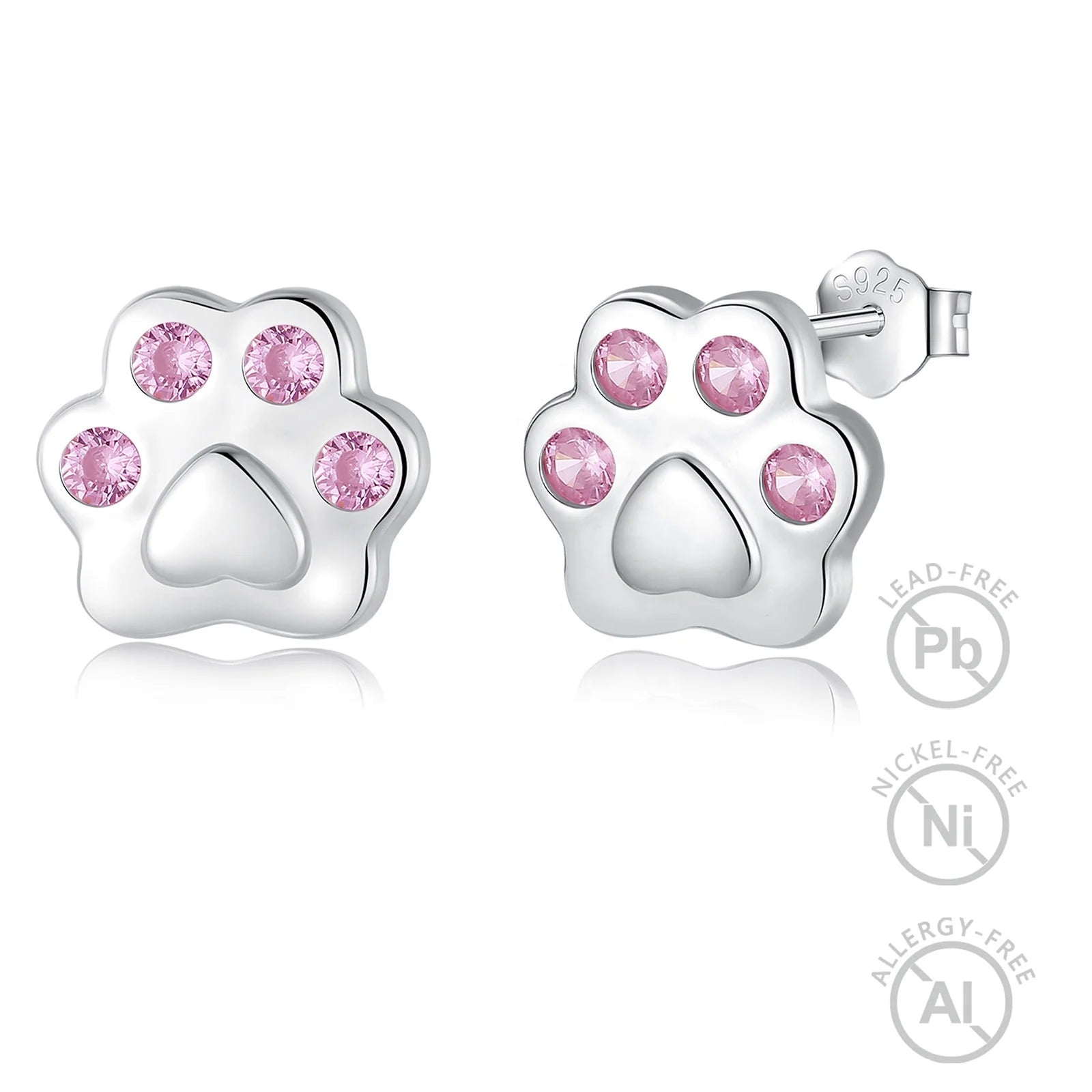 Fashion Fine Jewelry 925 Sterling Silver Pink Cubic Zirconia Cute Dog Paw Print Stud Earrings for Girls