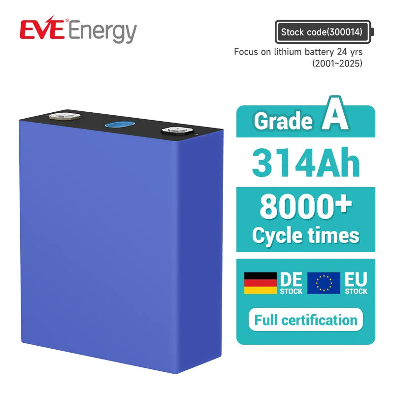 EVE EU STOCK 314ah Lifepo4 Cell MB31 3.2V 8000cycles CE Lithium Lifepo4 Batteries Solar Battery