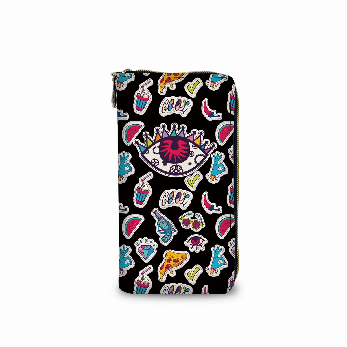 Zipper Buckle Long-Handed PU Leather Wallet with Cute Logo Pattern Fashionable Card Holder for Unisex