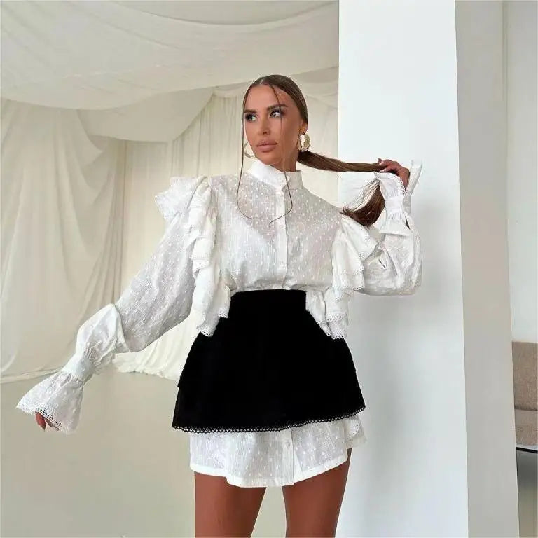 2024 Summer New Fresh and Sweet Stand-up Collar Ruffled Lace-Up Waist Single-Breasted Polka-Dot Jacquard Dress Women