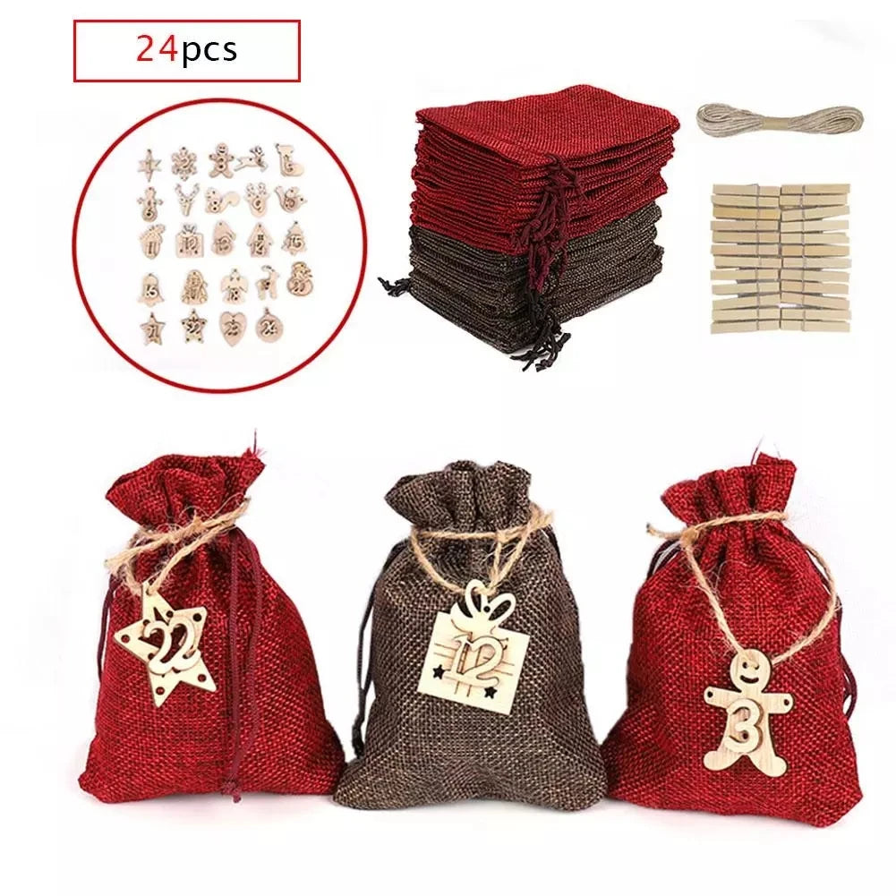 24pcs Christmas Advent Calendar Countdown Bag Hanging Candy Gift Sacks Pouch With Clips Stickers Rope Home Christmas Decoration