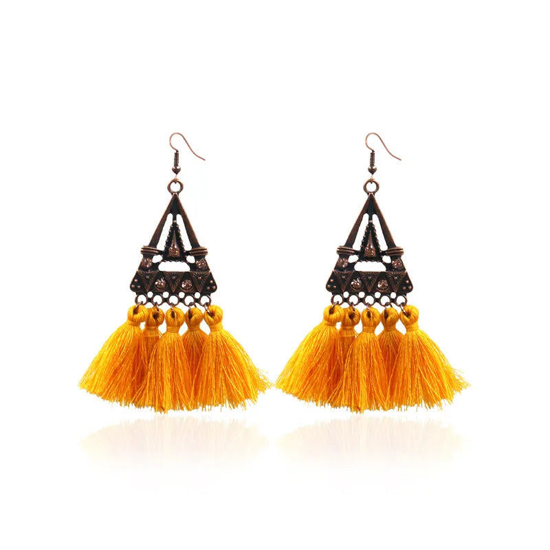 Minimalist Style Retro Triangle Alloy Flash Bohemian Tassel Drop Earrings Ladies' Holiday Jewelry with Fringe for Wedding