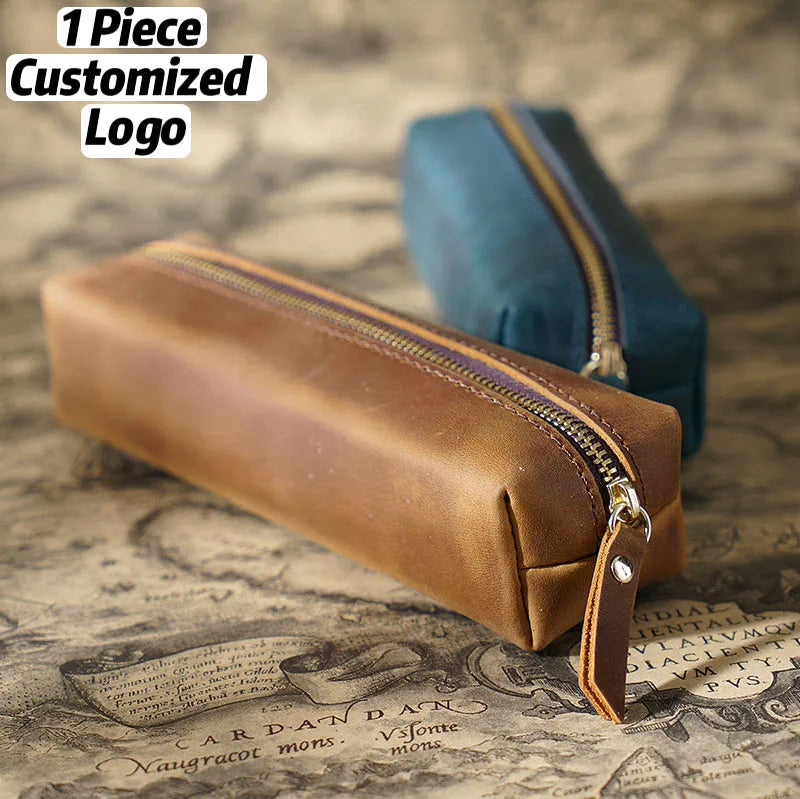 2025 New Ins Minimalist Top-grain Cowhide Zipper Pen case Student Pencil case Large-capacity Stationery Bag