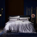 ODM/OEM Luxury Grey Mulberry Silk Embroidered Duvet Cover King Size Flat Bed Sheet Bedding Set 500TC
