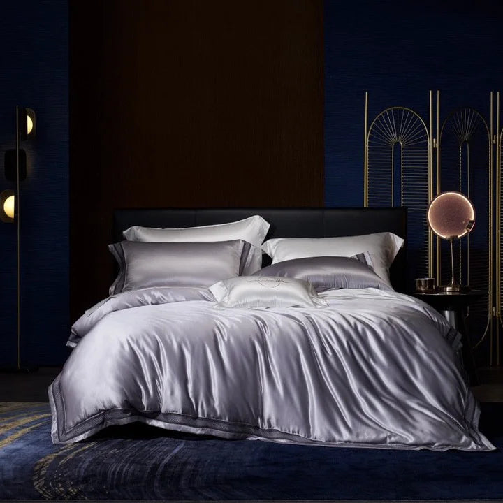 ODM/OEM Luxury Grey Mulberry Silk Embroidered Duvet Cover King Size Flat Bed Sheet Bedding Set 500TC