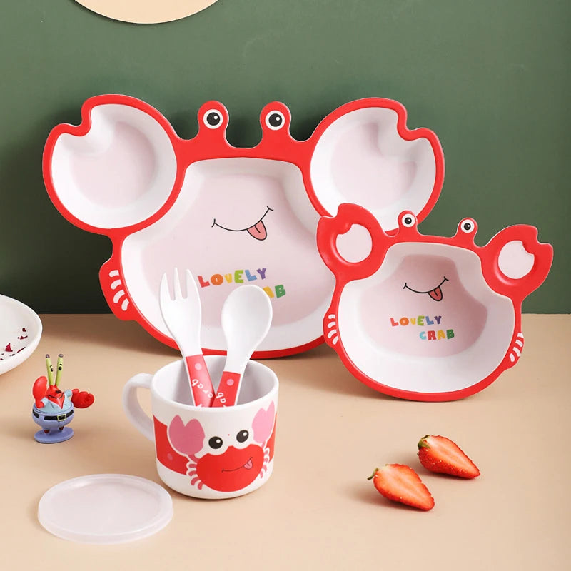 5 in 1 Box Packing Hot Selling Kids Dinnerware Cartoon Animal Bamboo Fiber Food Container Eco Friendly Kids Tableware