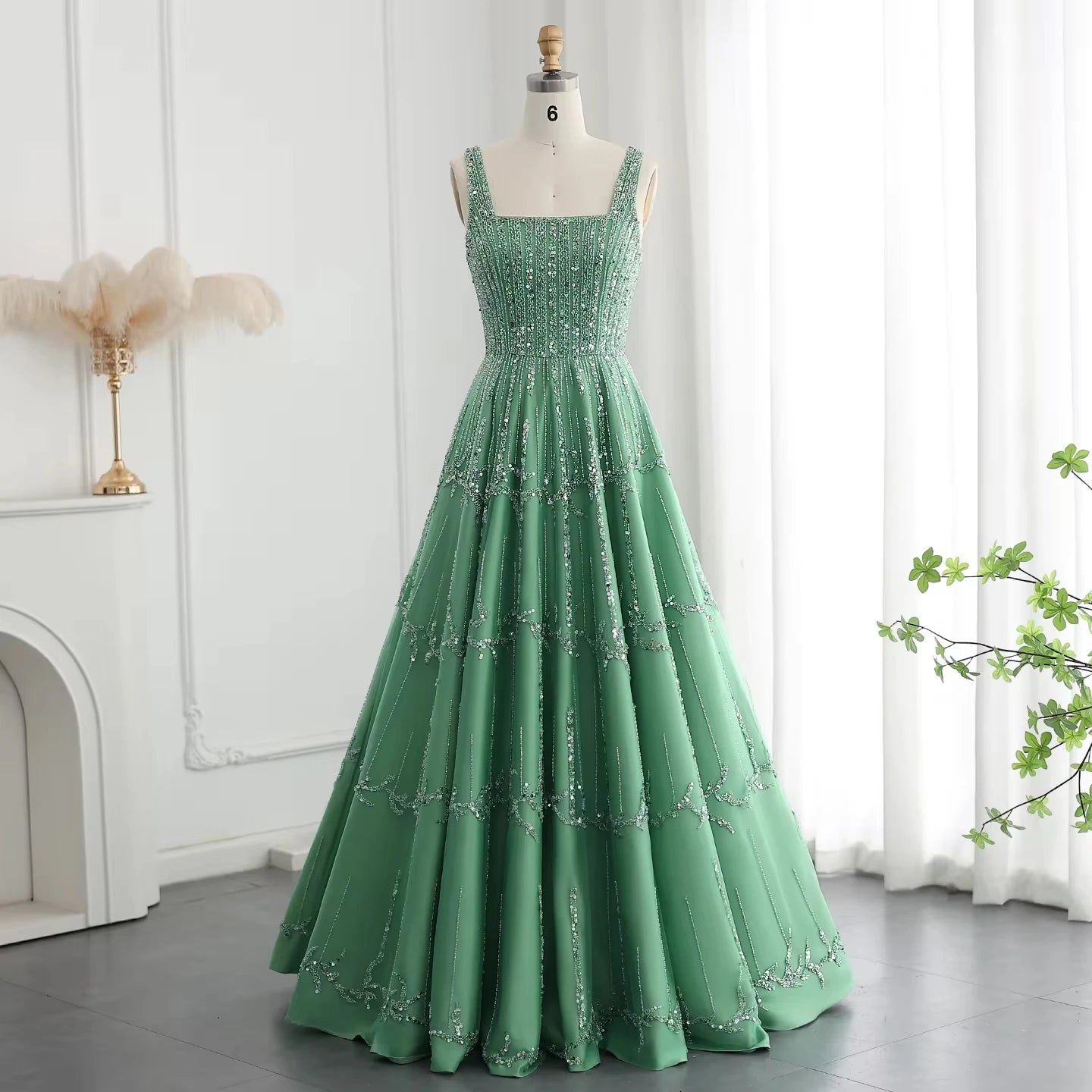 Custom Made Luxury Beaded Dubai Green Evening Dresses With Spaghetti Straps Arabic Women Wedding Party Gowns Sz225