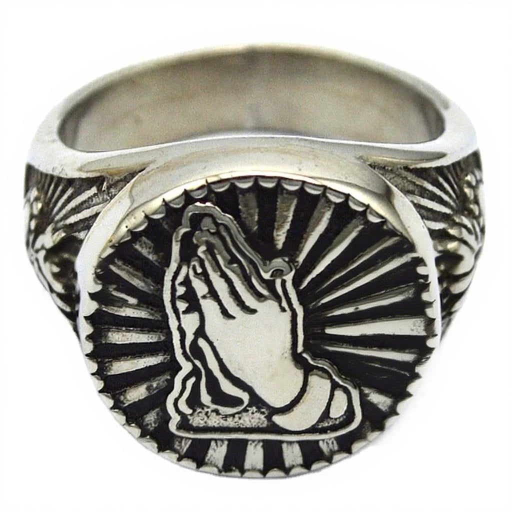 Holy Buddha Stainless Steel Gold Plated Cluster Folded Hands to Pray Round Signet Ring