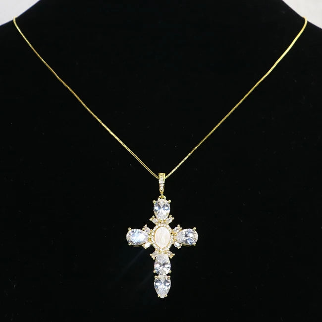 Gold Plated Necklace Inlaid with Zircon Gold Cross Shell Virgin Mary Pendant Necklace Pendants Jewelry