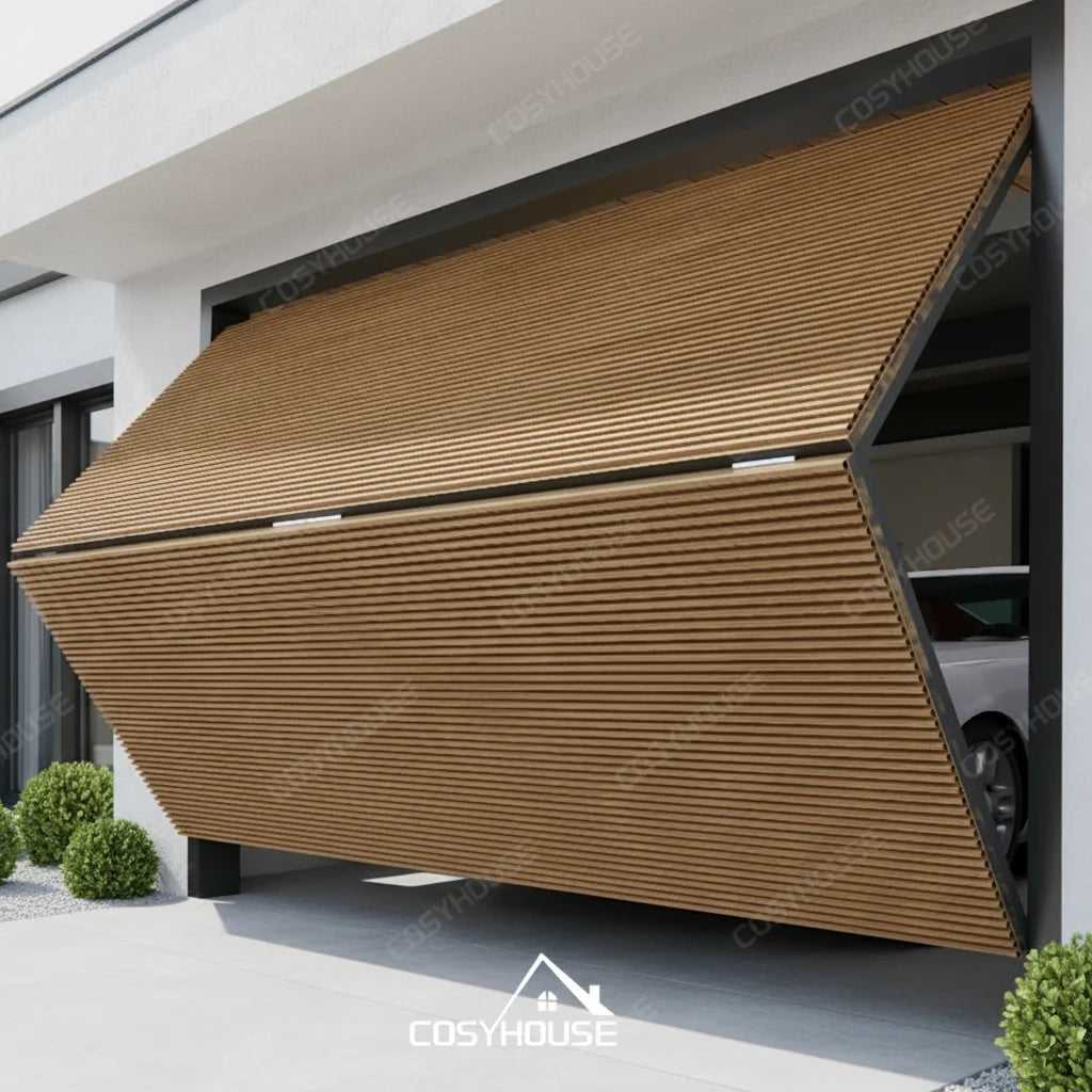 Custom Wood Look Slatted up and Over Garage Door for Modern Villa