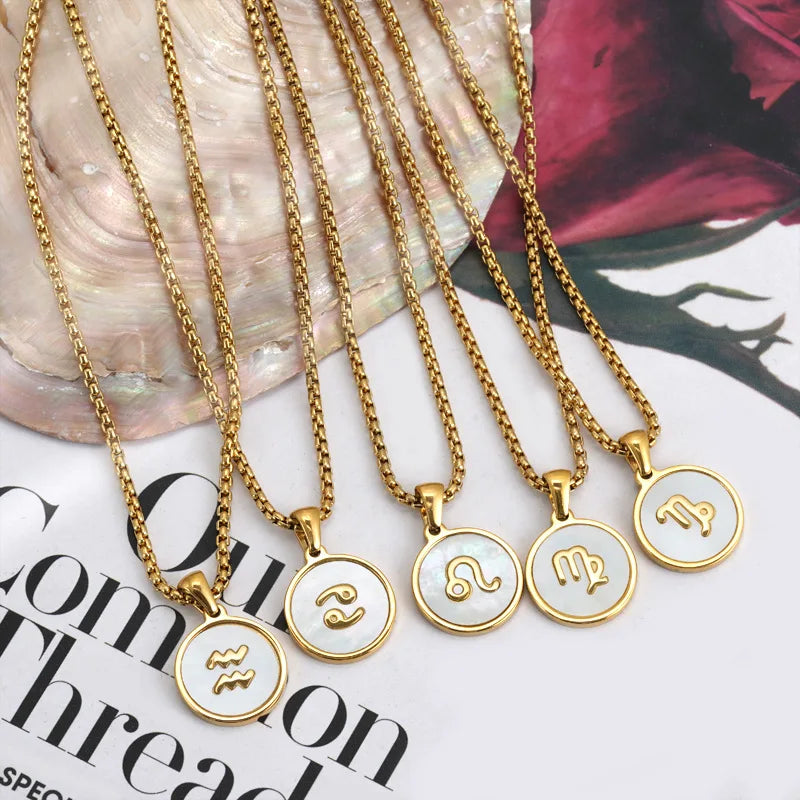 18k Gold Plated Circular Zodiac White Shell Stainless Steel Necklace