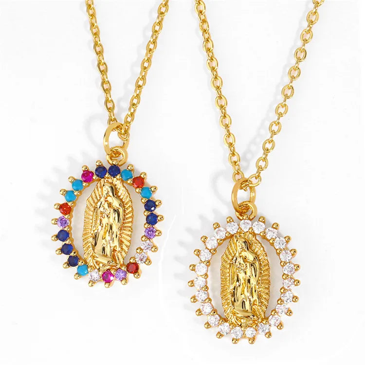 Gold Plated Women's Vintage Virgin Mary Religious Catholic Zircon Pendant Necklace with Link Chain