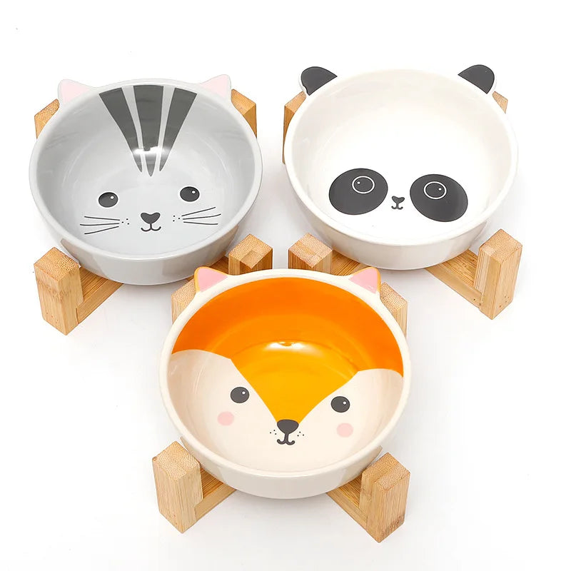 HelloWorld Easy Cleaning Multi Colors Ceramic Wooden Frame Pet Cat Dog Bowl