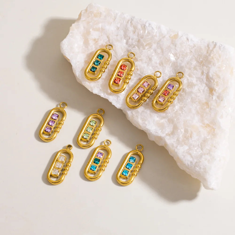 PVD Gold Plated 304 Stainless Steel Paper Clip Shape Charm Colorful Diamond Pendant DIY Necklace Bracelet Earrings Accessories