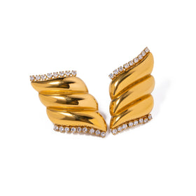 J&D Designer Texture Earrings 18K PVD Gold Plated Stainless Steel Zirconia Wing Stud Earring for Women