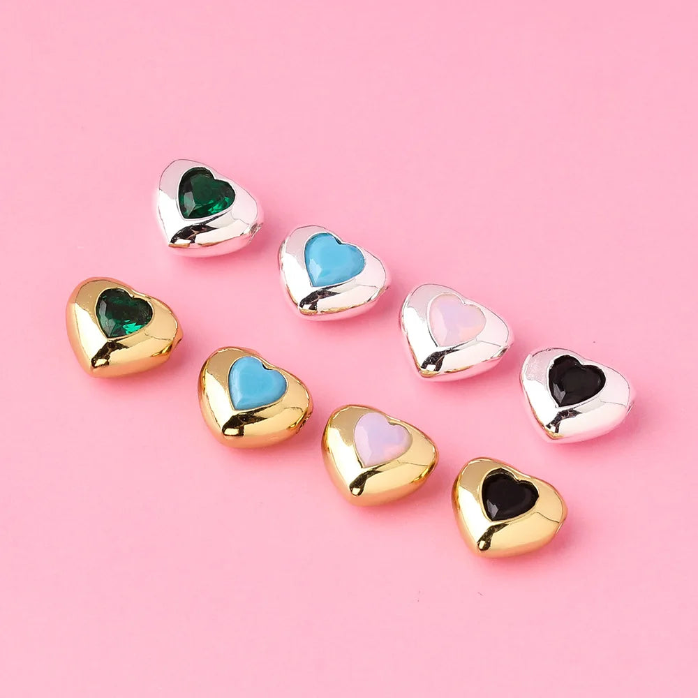 Tiny 7.8mm S925 Sterling Silver Multicolor Pave Zircon Heart Spacer Beads for Jewelry Findings Crafts DIY