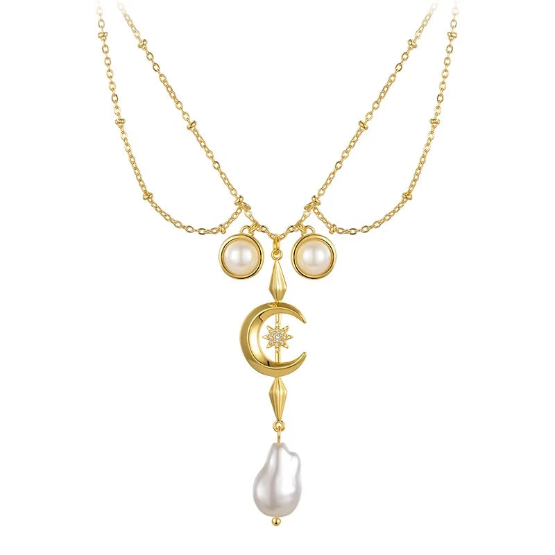 Original Design High Quality 18K Gold Plated Brass Jewelry Moon Star Zircon Pearl Pendants Accessories Necklaces P223308