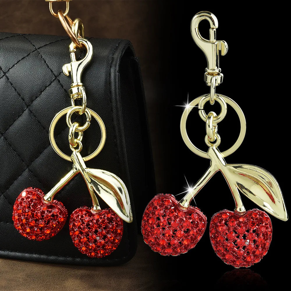 Creative Cute Fruit Shape Key Ring Rhinestone Cherry Charm Keychain Bag Pendant Ornaments for Women Men Souvenir Birthday Gift