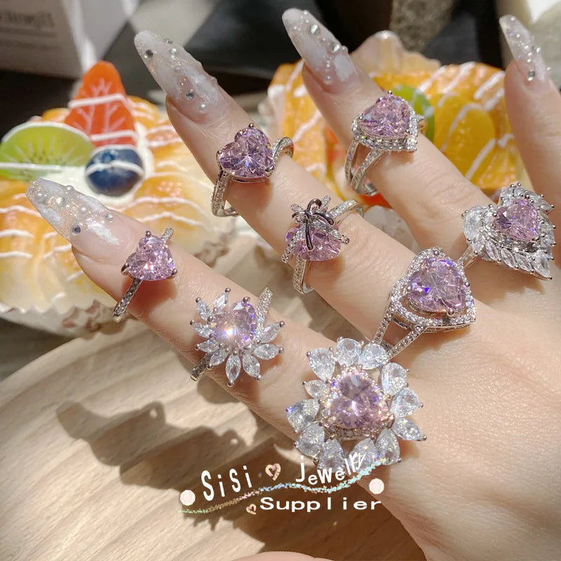 SC Wholesale Korean Heart Zircon Rings Fashion Jewelry Geometric Rings Sweet Pink Heart Rings for Women