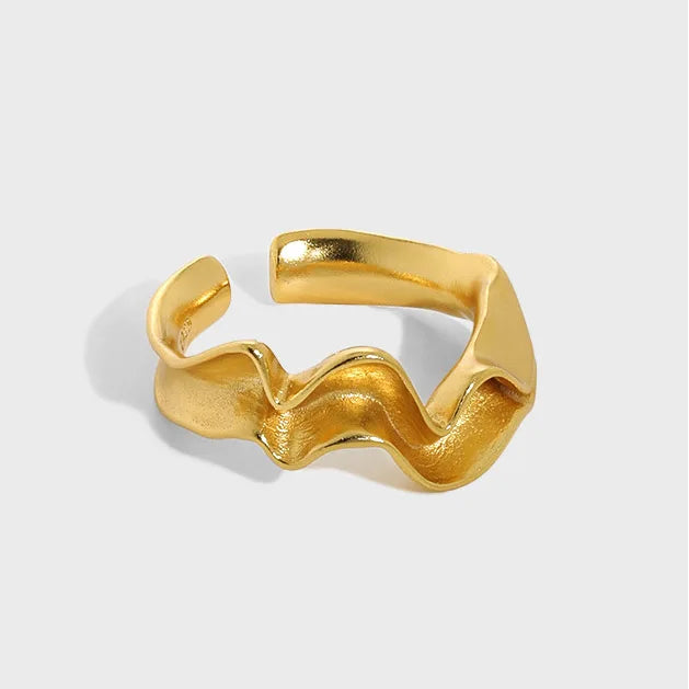 Minimalist Design 18K Gold Plated S925 Sterling Silver Irregular Fold Texture Open Ring for Women