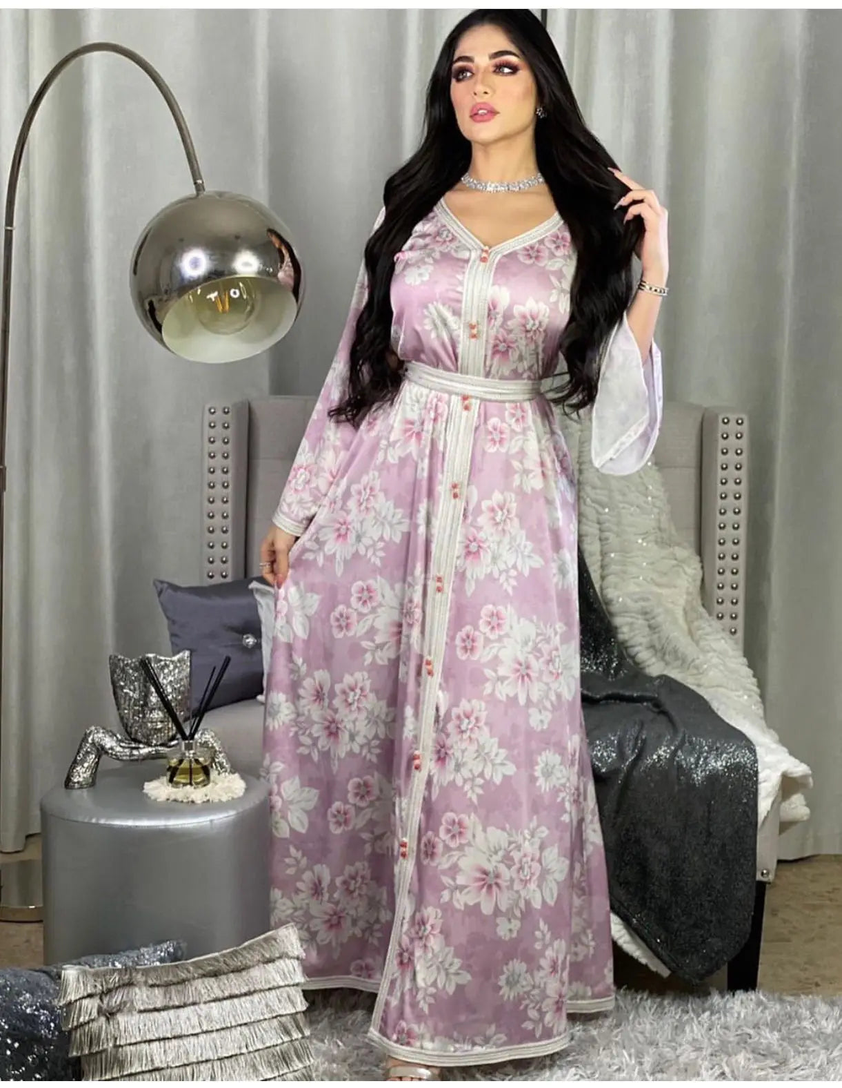 Dubai Print Floral Lace Long Dress Jalabiya Women Abaya Dubai Muslim Women's Turkey Abaya Arabian Dress