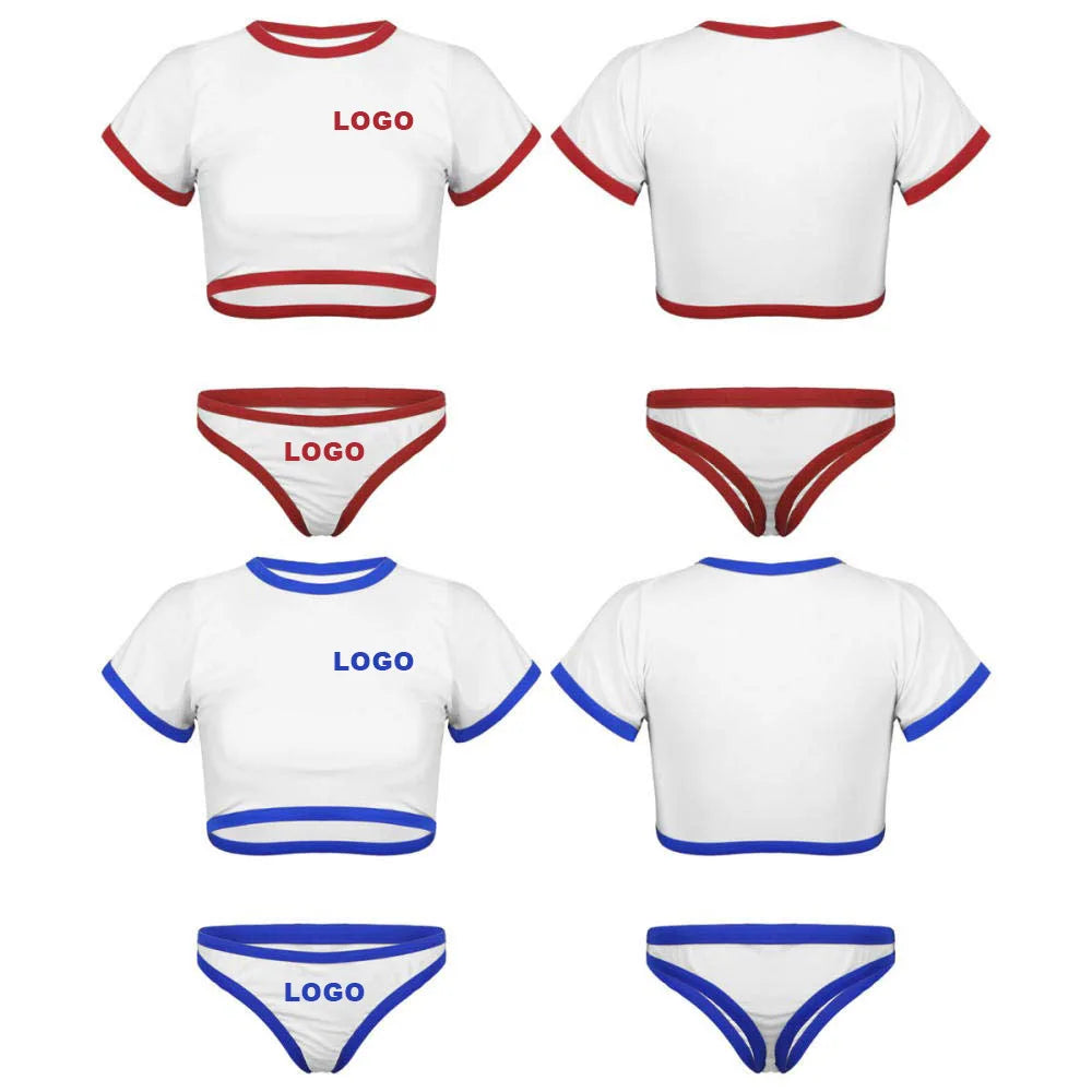Custom Short Sleeves 2 Piece Set Bikini Sport Fitness Swimwear High Waist Padded Crop Top With Thong Women Swimsuit Beachwear
