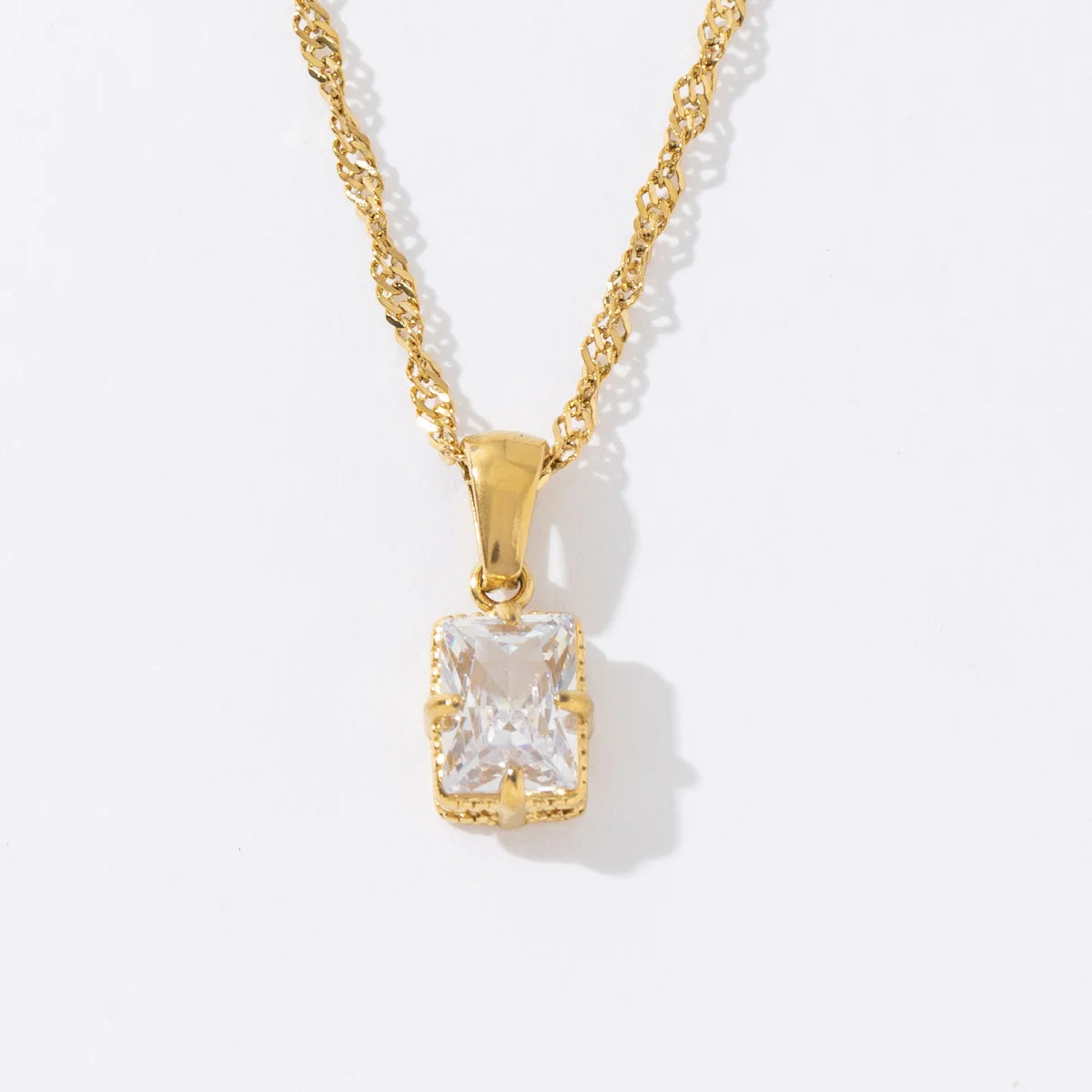 Dainty Non Tarnish Waterproof PVD 18k Gold Plated Stainless Steel Jewelry Necklace Rectangular White Zirconia Pendant Necklace