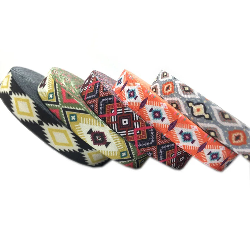 100 Yards 15mm Aztec Diamond Geometry Design Printed Fold Over Elastic FOE Ribbon for DIY Crafts Hair Tie Bracelet Girl Headwear