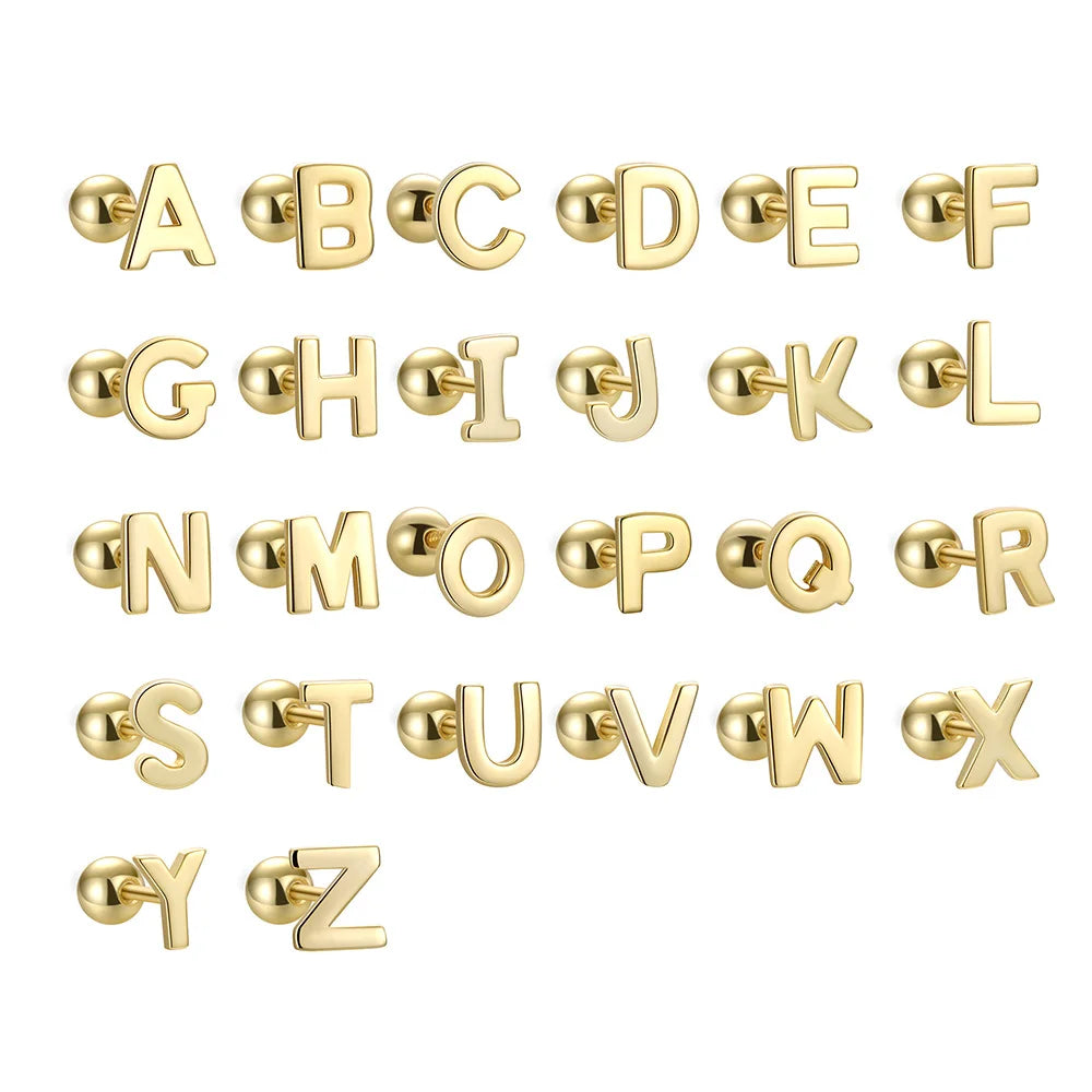 Pair Alphabet Letter Name Initial a to Z Stud Earrings in 925 Sterling Silver for Men Women Screw Back