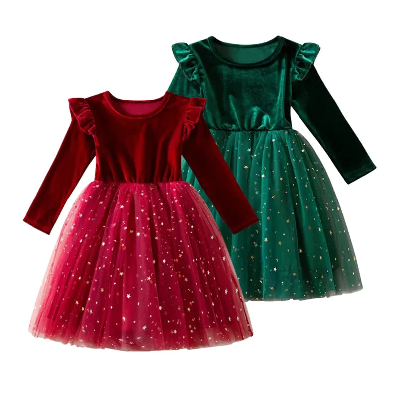 2024 New Year Christmas Kids Sweet Sequin Ruffles Full Sleeve Velvet Christmas Dress KGCD-036