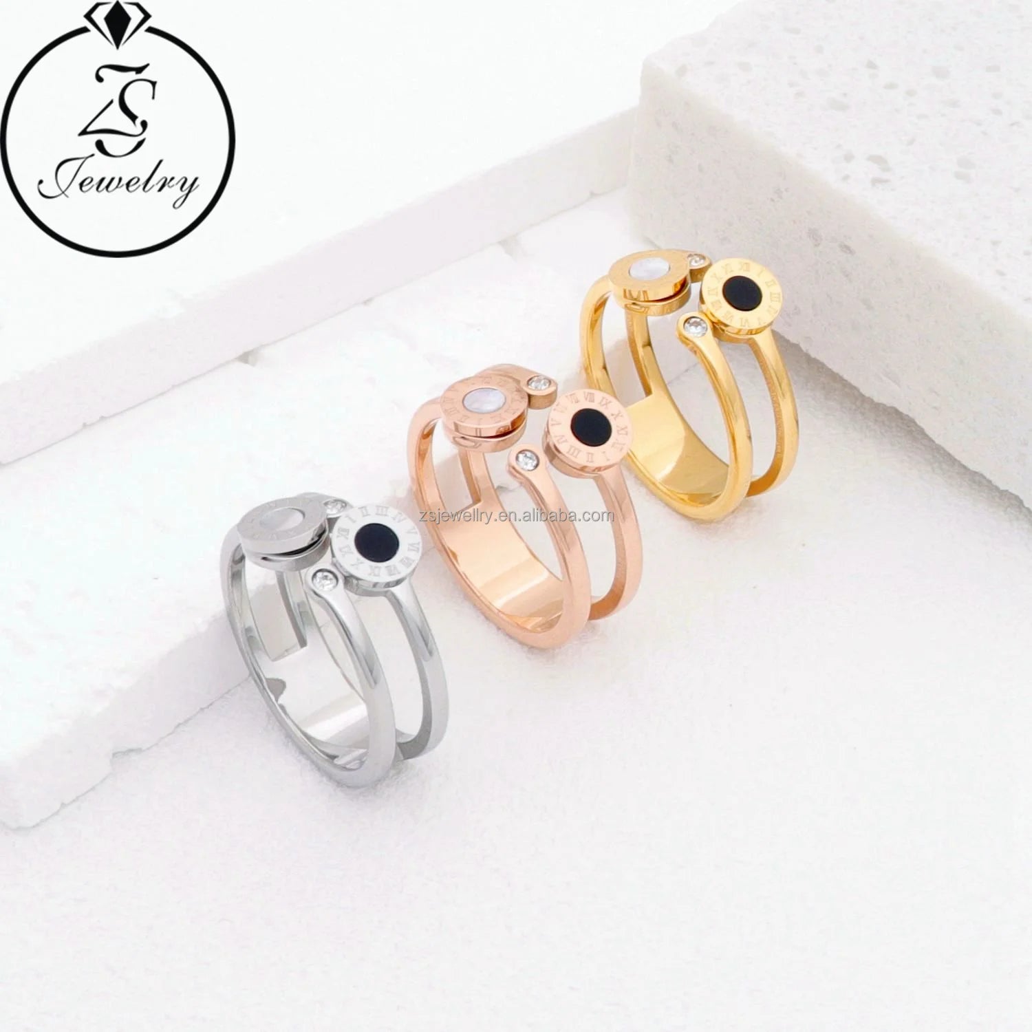 Shell Diamond Gold Plated Silver Stainless Steel Jewelry Classic Lamb Geometric Stone Three Color Engagement Design Ring