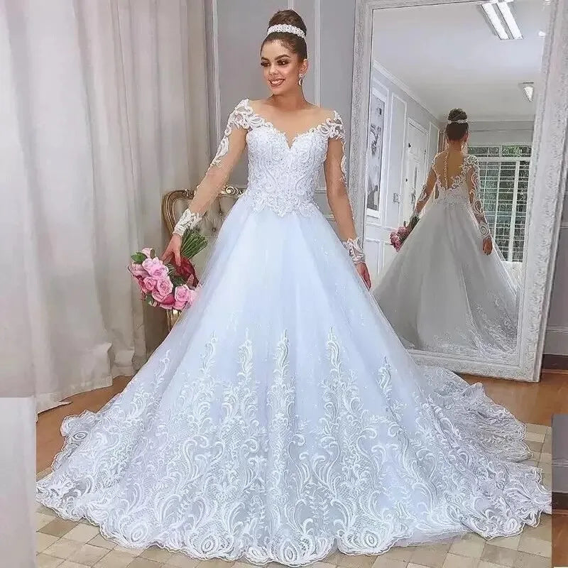 High Custom Lace Applique Embroidered Wedding Dress Beautiful Bridal Attire