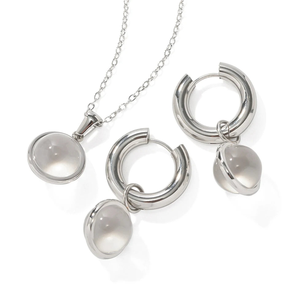 Waterproof Silver Plated Stainless Steel Transparent Stone Necklace Clear Glass Stone Drop Earring Necklace