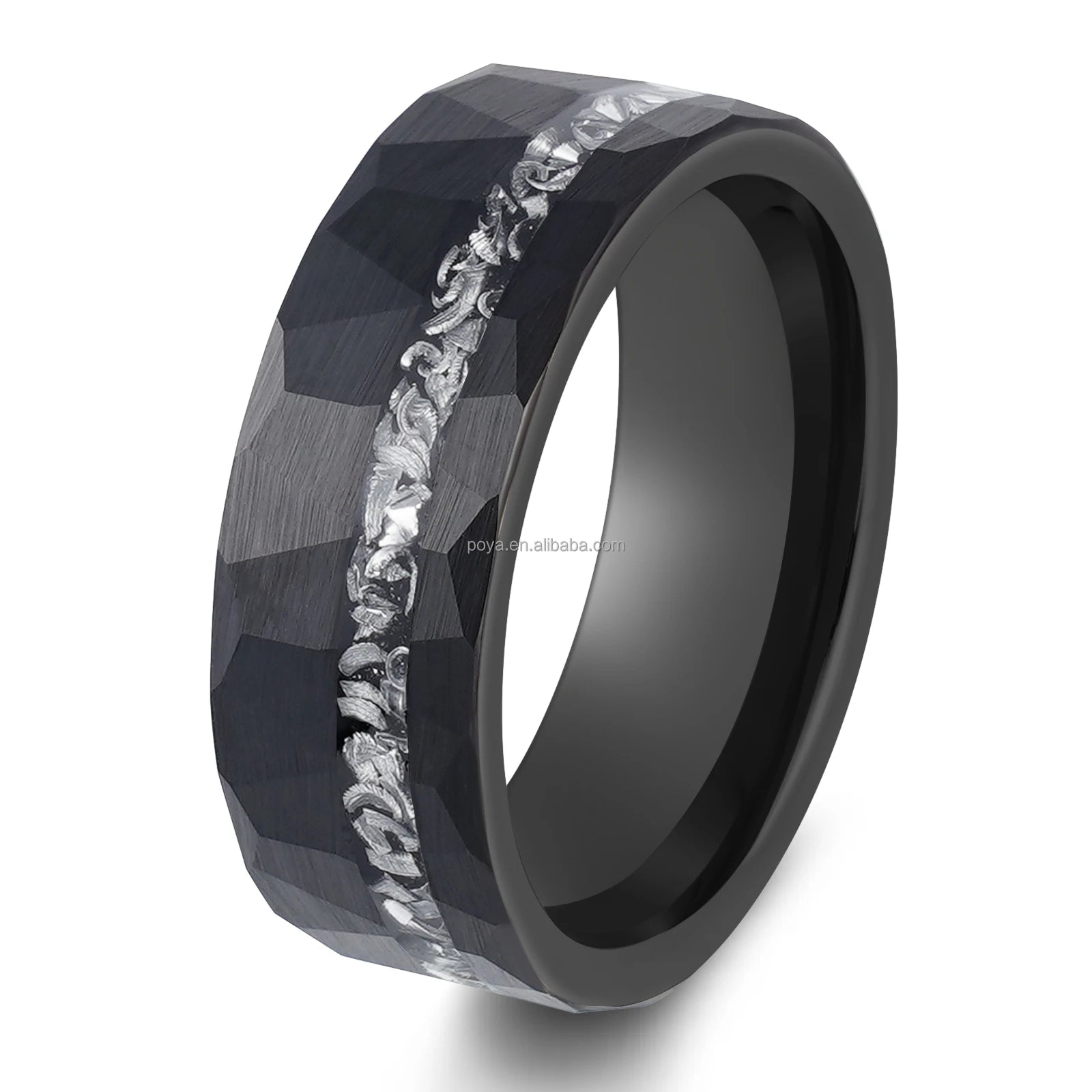 POYA Black Plated Meteorite Shaving Tungsten Ring Inlay Anniversary Bands Fashion Jewelry for Men