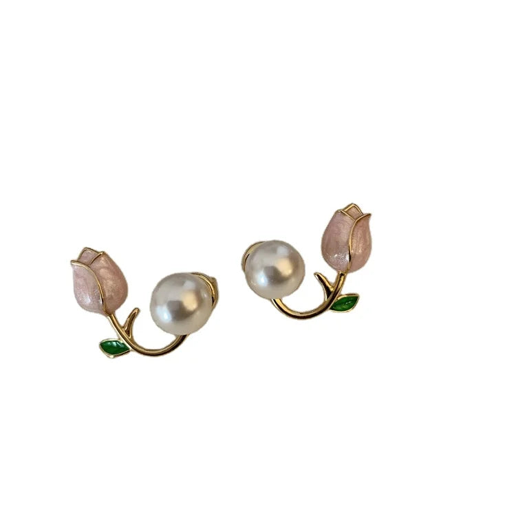 Flowers S925 Silver Needle Tulip Pearl 2025 New Stud Earrings for Women Jewelry