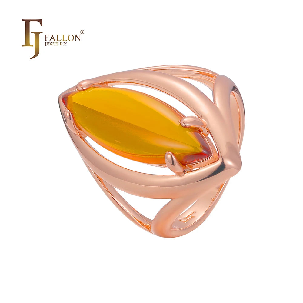 FJ Fallon Fashion Jewelry Great Marquise Solitaire Big CZ Rings Plated in Rose Gold Brass Based