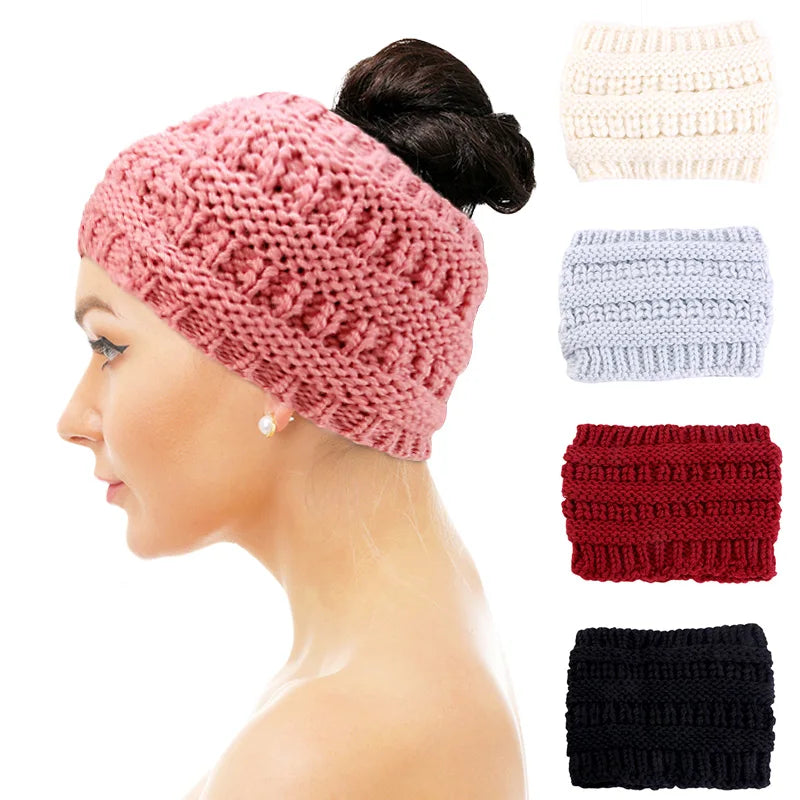 New Stock Acrylic Hair Band With Ponytail Hole Wide Beanie Knit Headband for Women