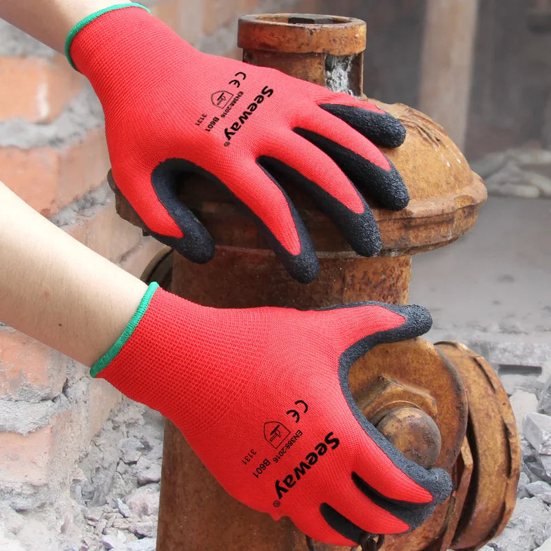 Seeway Industrial Crinkle Latex Safety Work Gloves Factory Wholesale 13G Red Polyester Black Construction Gloves XL Size Coated
