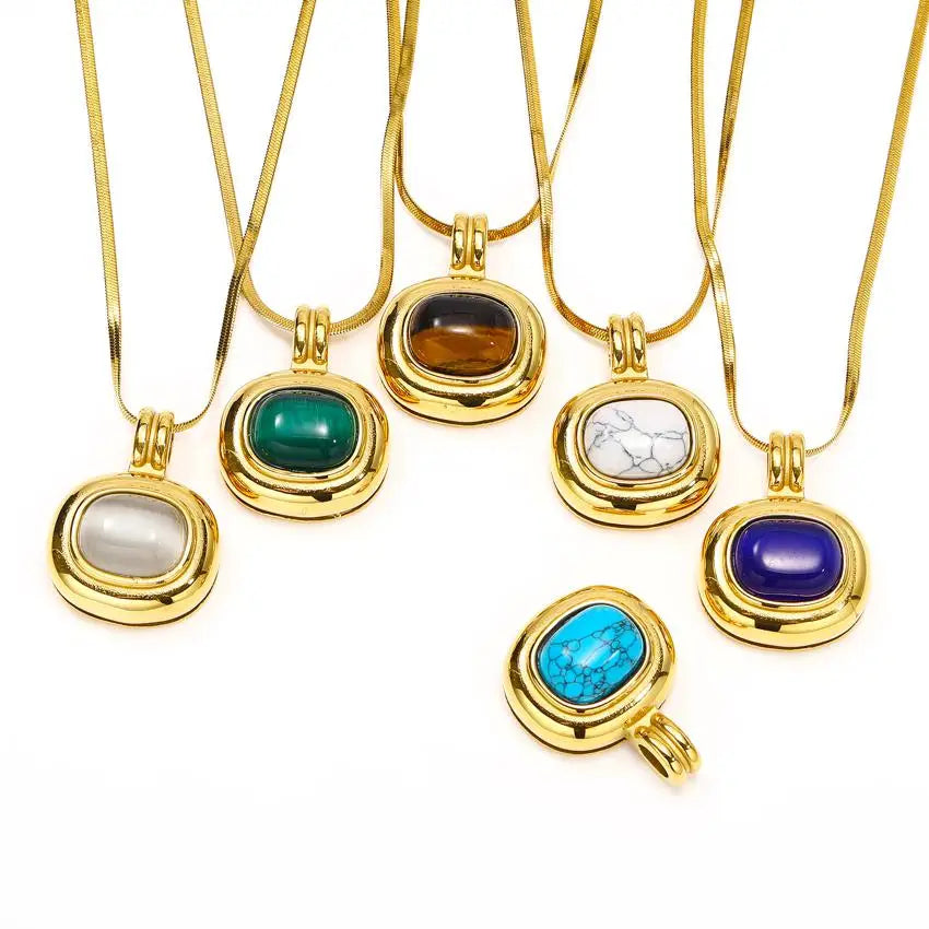 Custom Unique Trendy Green Oil Drip Pendant Natural Stone Fashionable Stainless Steel Chains for Women Gold Plated Necklaces
