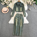 American Retro Denim Spicy Girl Beaded Long Sleeved Jacket High Waist Split Half Length Long Skirt Autumn winter Two-piece Set