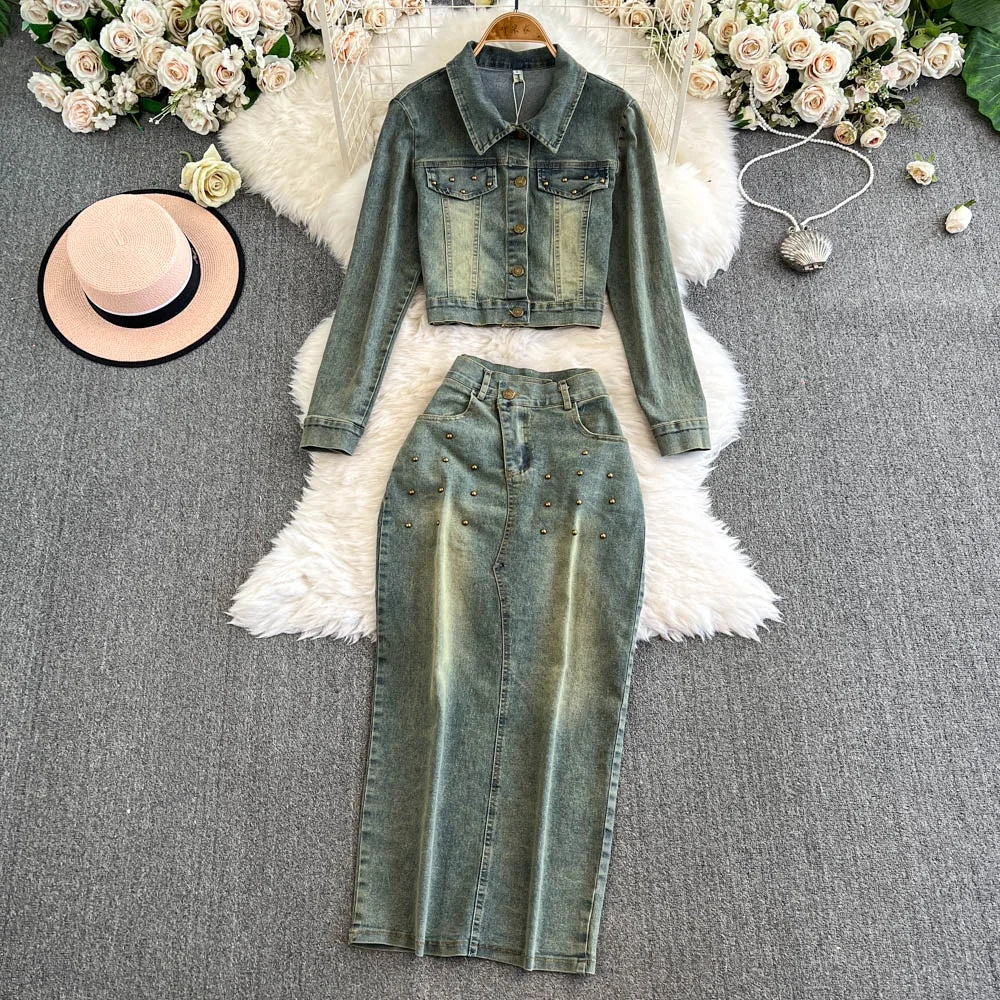 American Retro Denim Spicy Girl Beaded Long Sleeved Jacket High Waist Split Half Length Long Skirt Autumn winter Two-piece Set