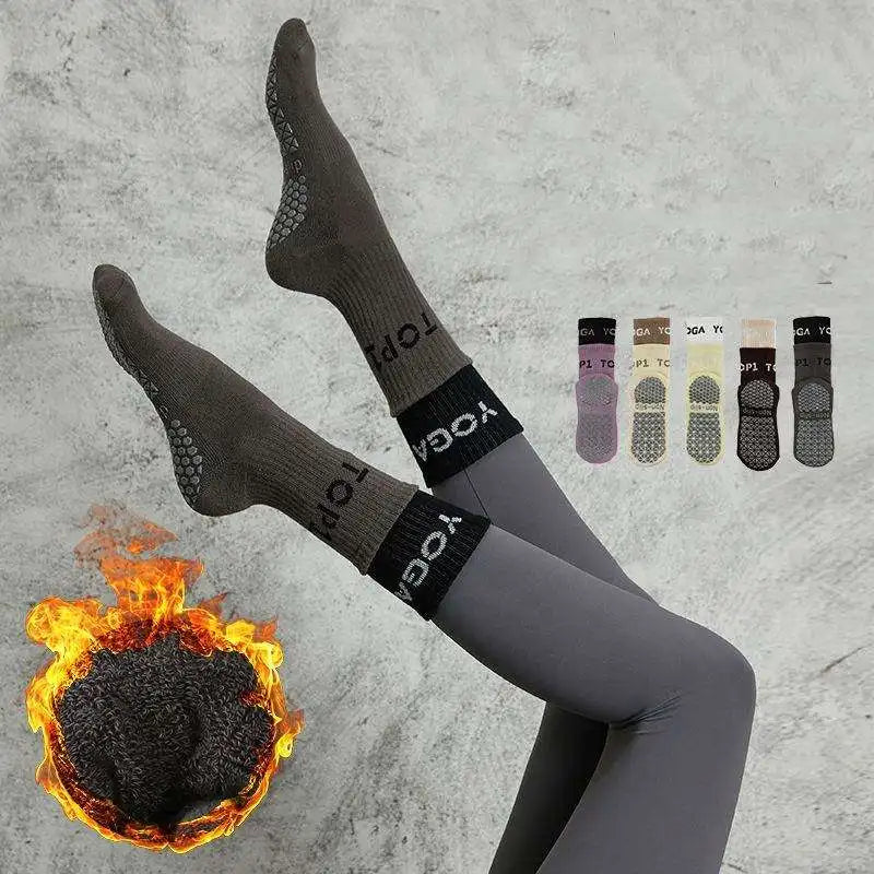 Wholesale Double Layer Thick Terry Pilates Socks With Grips Anti Slip Sports Yoga Crew Socks for Women