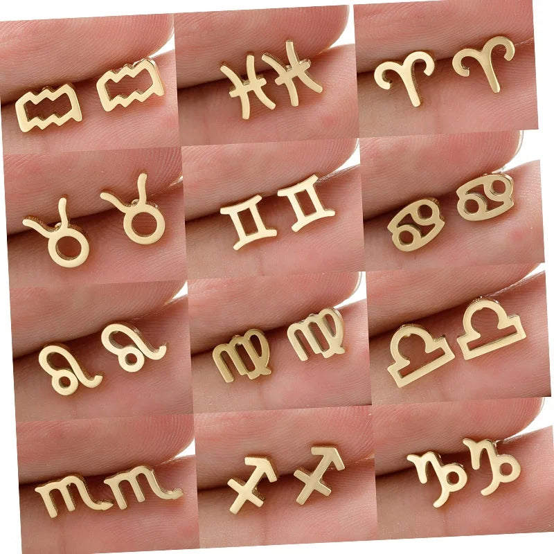 Fashion Non Tarnish 18K Gold Silver Plated Stainless Steel Astrology Horoscope 12 Zodiac Sign Stud Earring Jewelry for Women