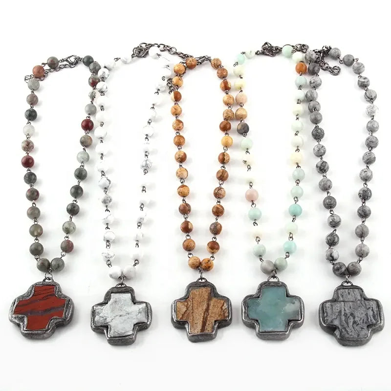 Fashion Women Ethnic Jewellery Necklace Natural Stone White Howlite Black Rosary Chain Solider Cross Pendant Necklace