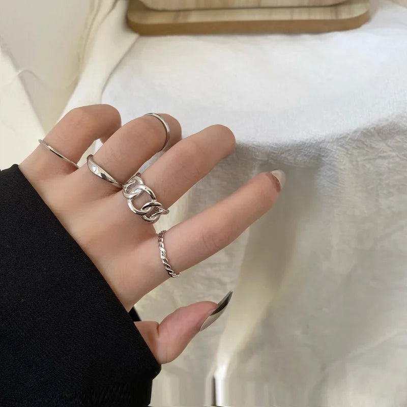 AA00044 Wholesale Fashion Simple Finger Rings Kit Jewelry Women Plain Metallic 5pcs Chain Alloy Ring Set Joint Ring Female