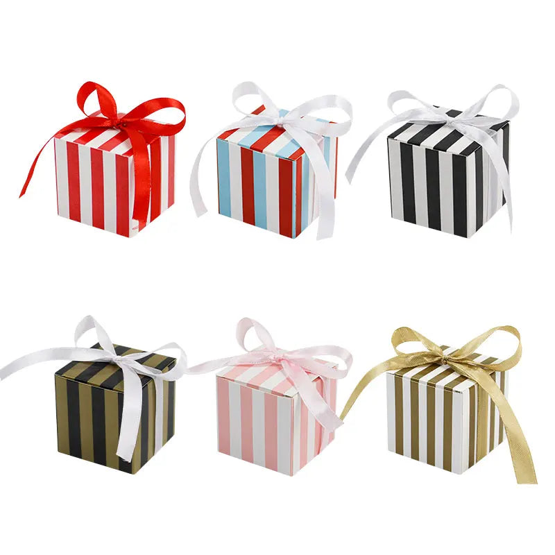 Low MOQ Mini Square Striped Candy Box Packaging With Ribbon Chocolate Container for Wedding Baby Shower Birthday Party Supplies
